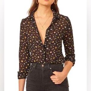 Reformation Violet Black Floral Button Down Blouse